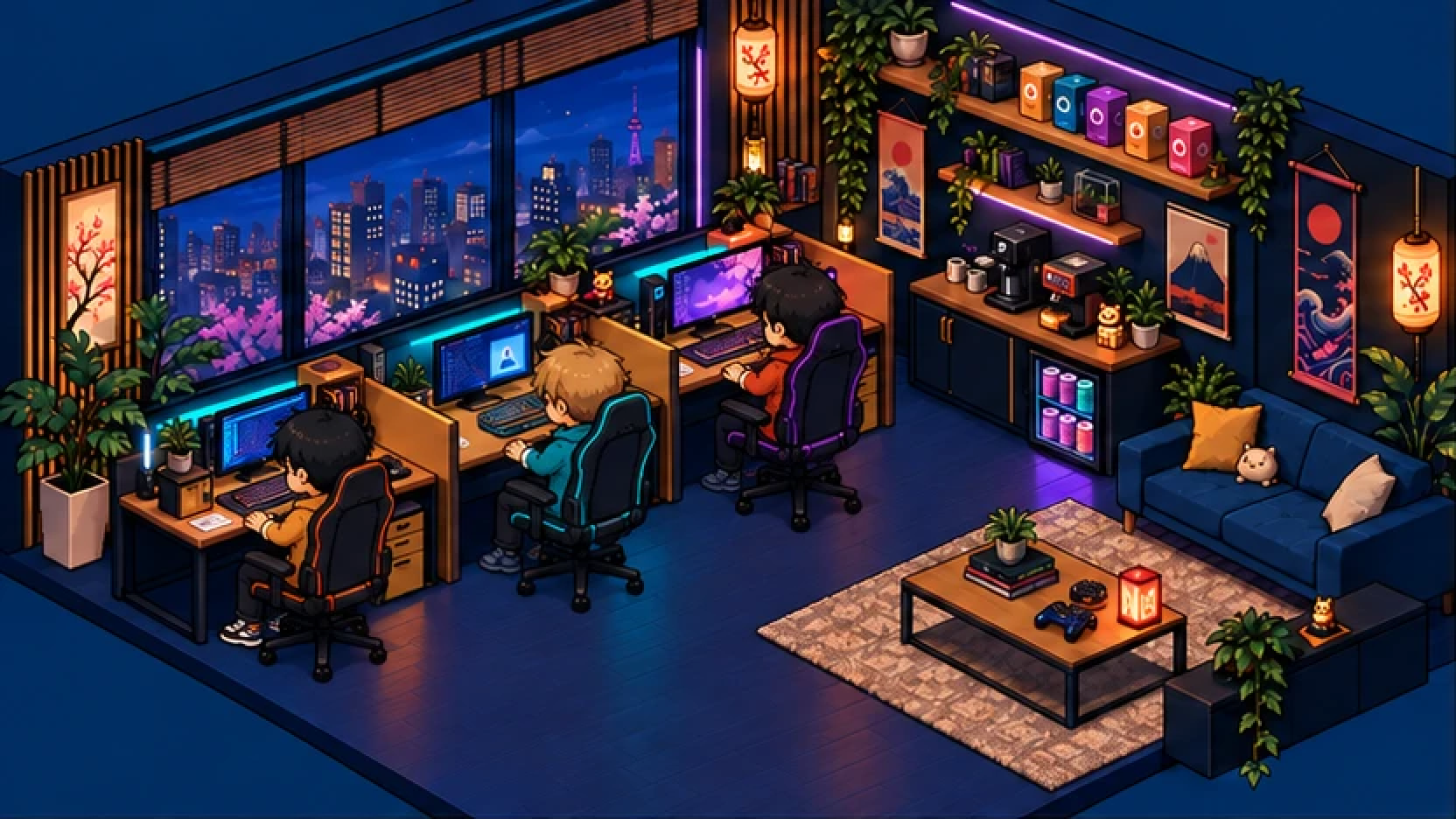 Escritório em pixel art com três mesas, estante de Pré-Drink e sofá azul